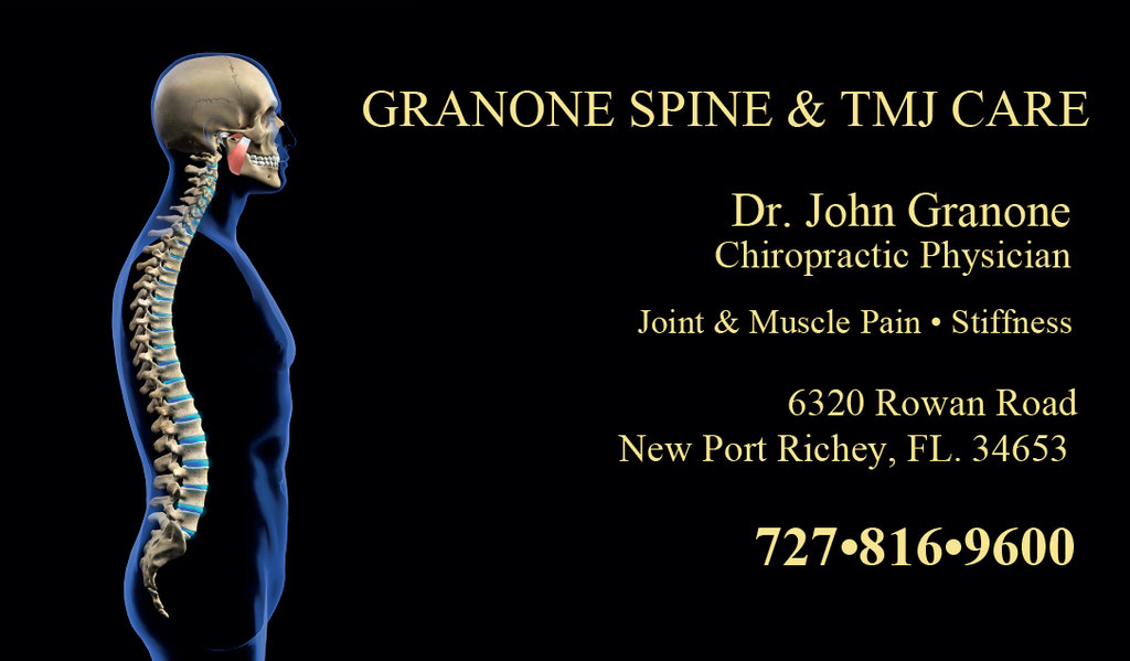 Granone spine & TMJ, treats auto injuries, whiplash, neck disc injuries, lower back injuries, TMJ syndrome, TMJ disorder, TMJ muscle pain, spine whiplash, sprain, strain; pain, numbness, tingling of the arm, legs; sciatica, arthritis, shoulder-elbow-wrist